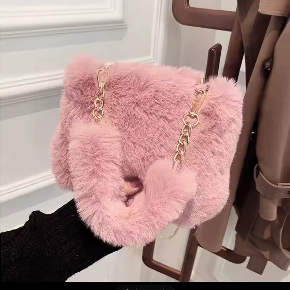 Pink Faux Fur Chain Shoulder Bag